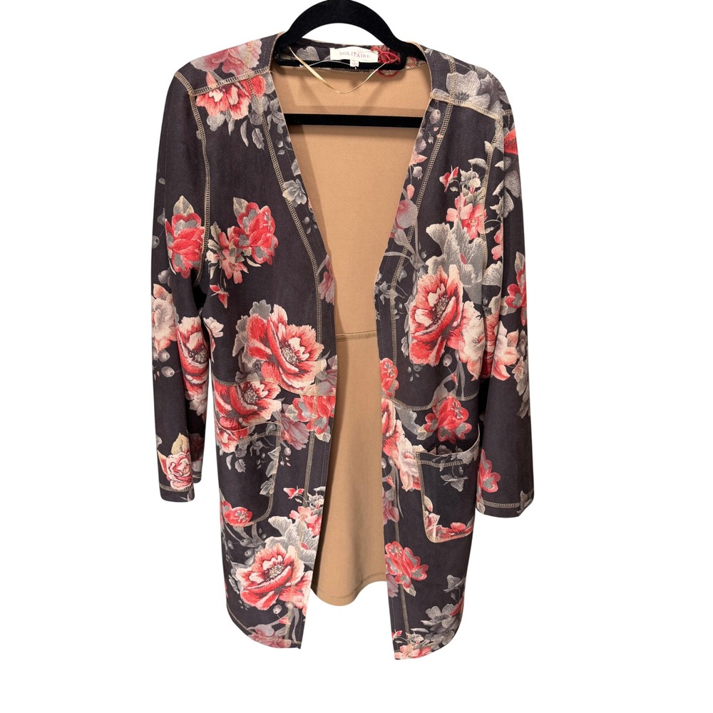 Solitaire Cardigan Womens L Brown Floral Open Front Faux Suede Western Layers‎